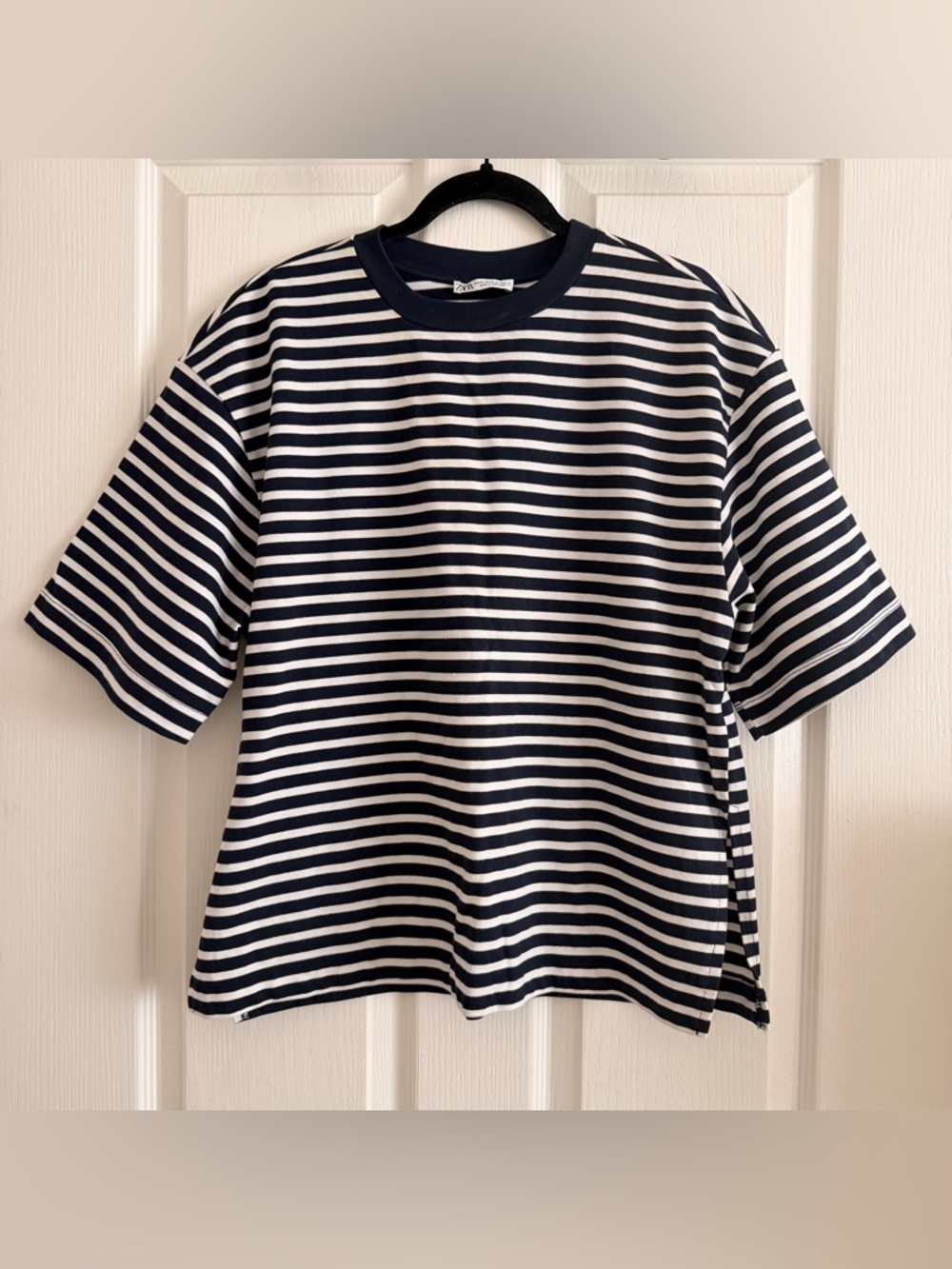 Zara Navy and White Striped Crewneck Tee